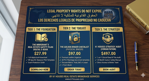 Three-tier pricing graphic: Tier 1 The Foundation $27.99, Tier 2 The Toolkit $97, Tier 3 The Strategy $497 — by 61 Houses Real Estate Brokerage Services